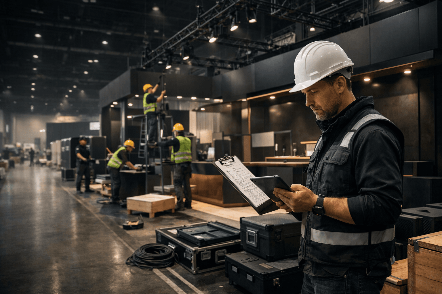 Exhibition stand construction site with workers and unfinished booth structure